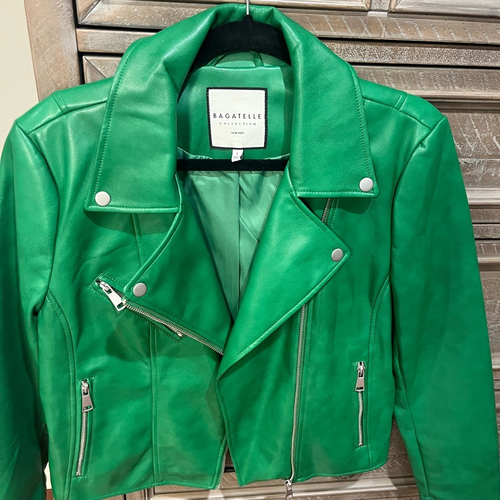 Green pleather bomber jacket Moto jacket Never worn size large